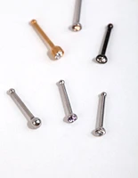 Mixed Metal Ball & Diamante Nose Stud 6-Pack