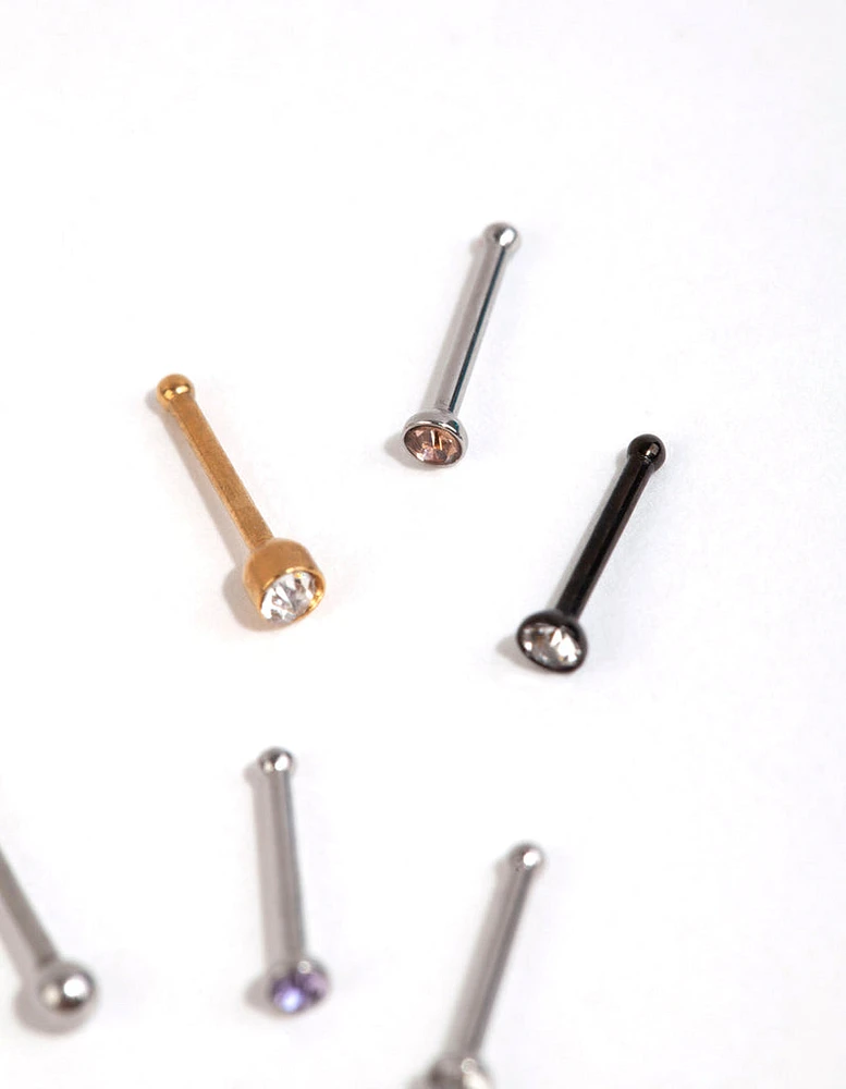 Mixed Metal Ball & Diamante Nose Stud 6-Pack