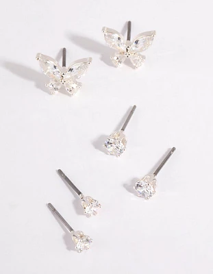 Silver Cubic Zirconia Butterfly Stud Earring Pack