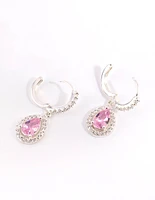 Silver & Pink Cubic Zirconia Huggie Earrings