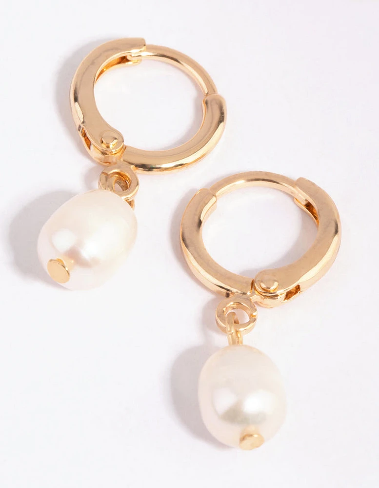 Gold Freshwater Pearl Huggie Earrings