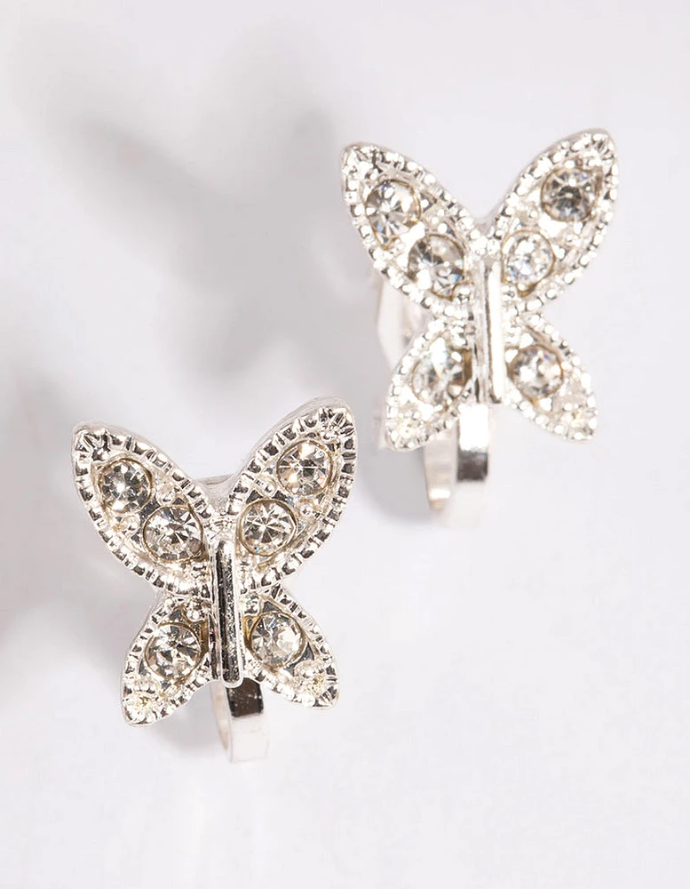 Silver Diamante Butterfly Clip On Earrings