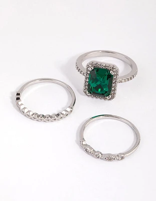 Rhodium Emerald Diamond Simulant Halo Ring Pack
