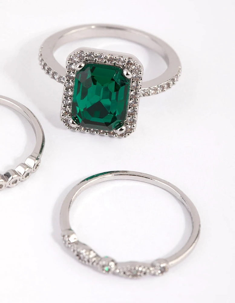 Rhodium Emerald Diamond Simulant Halo Ring Pack