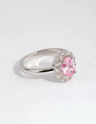 Rhodium Pink Cubic Zirconia Oval Ring