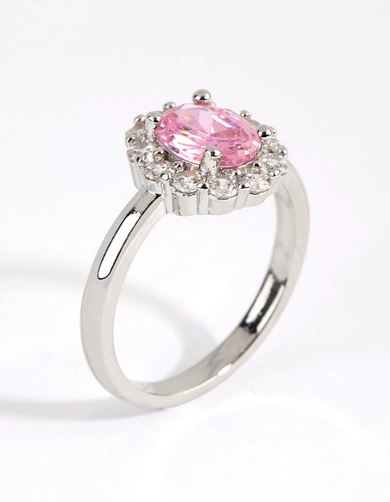 Rhodium Pink Cubic Zirconia Oval Ring