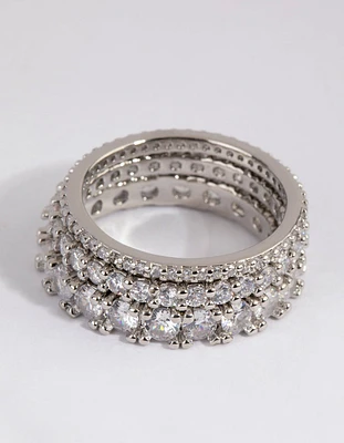 Rhodium Cubic Zirconia Triple Band Ring