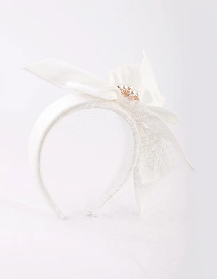White Bow Pearl & Veil Headband