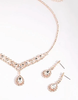 Rose Gold Diamante Necklace & Earrings Set