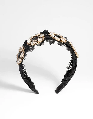 Black Lace & Flower Beaded Headband