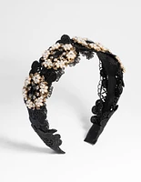 Black Lace & Flower Beaded Headband