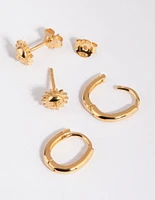 Gold Plated Sterling Silver Sun Stud & Huggie Earring Set