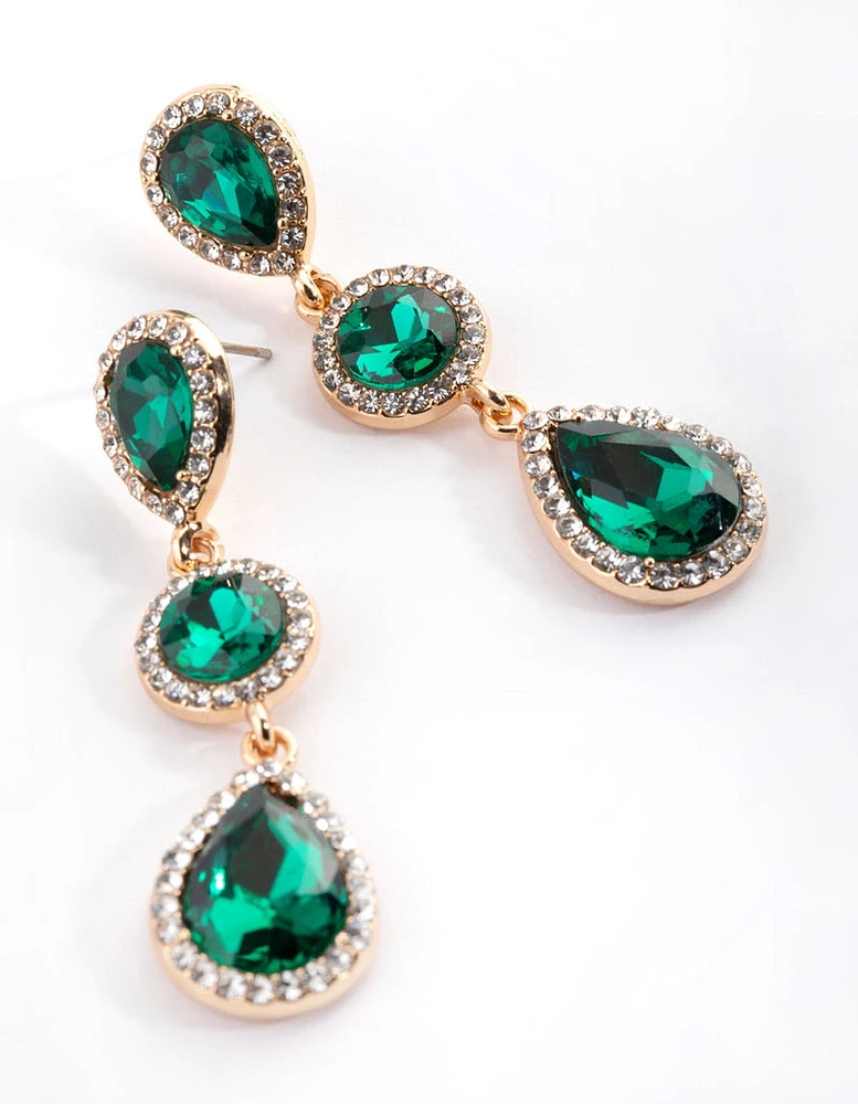 Green Diamante Circle & Teardrop Earrings