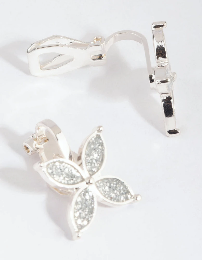 Silver Pointed Flower Clip-On Earrings