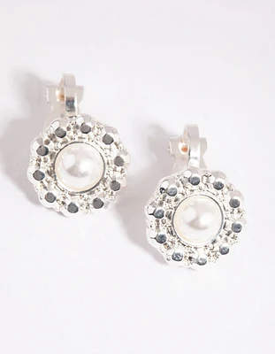 Silver Pearl & Diamante Clip On Earrings