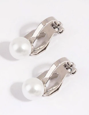Rhodium Half Pearl Clip On Earrings