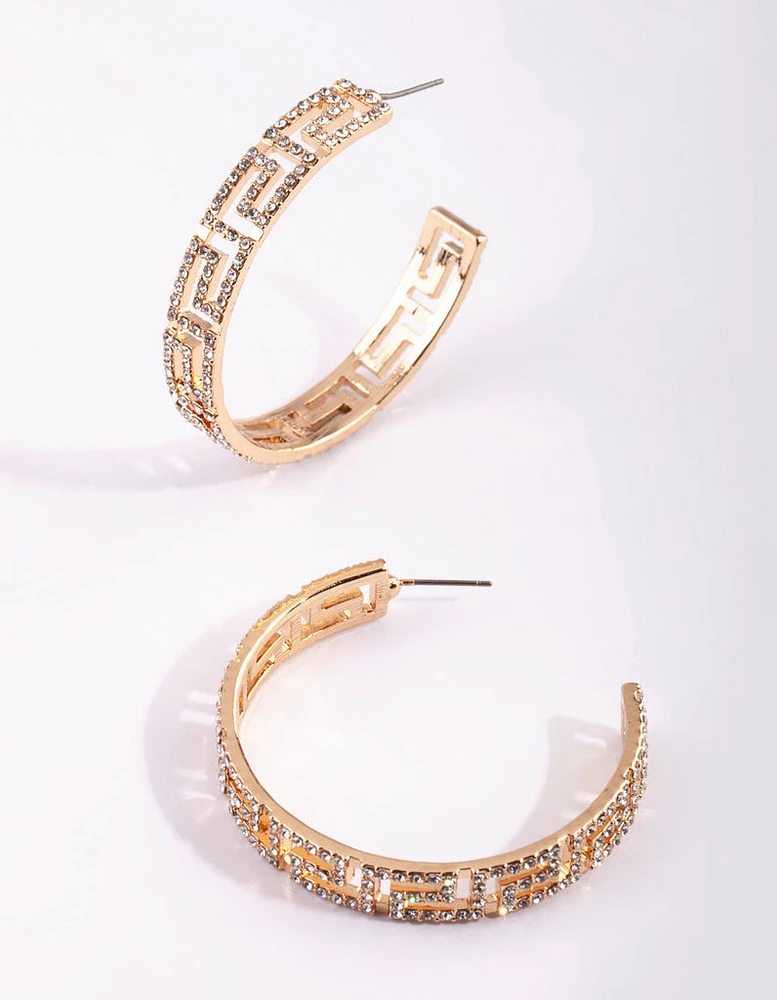 Gold Diamante Greek Key Hoop Earrings