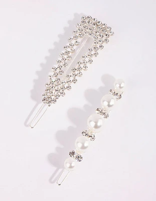 Silver Diamante & Pearl Clip Set