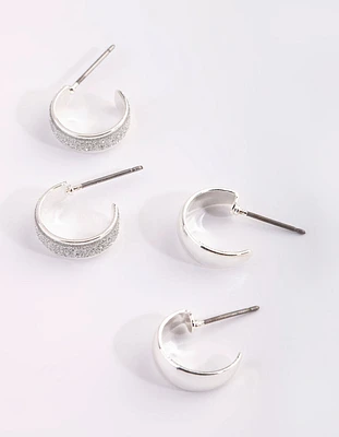 Silver Glitter Huggie Hoop Earring Set