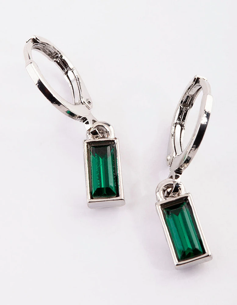 Rhodium Green Diamante Huggie Hoop Earrings
