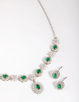 Rhodium Emerald Diamond Simulant Necklace & Earring Set