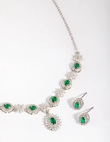 Rhodium Emerald Diamond Simulant Necklace & Earring Set