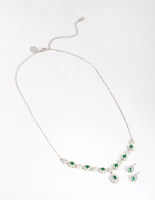 Rhodium Emerald Diamond Simulant Necklace & Earring Set