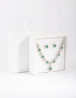 Rhodium Emerald Diamond Simulant Necklace & Earring Set