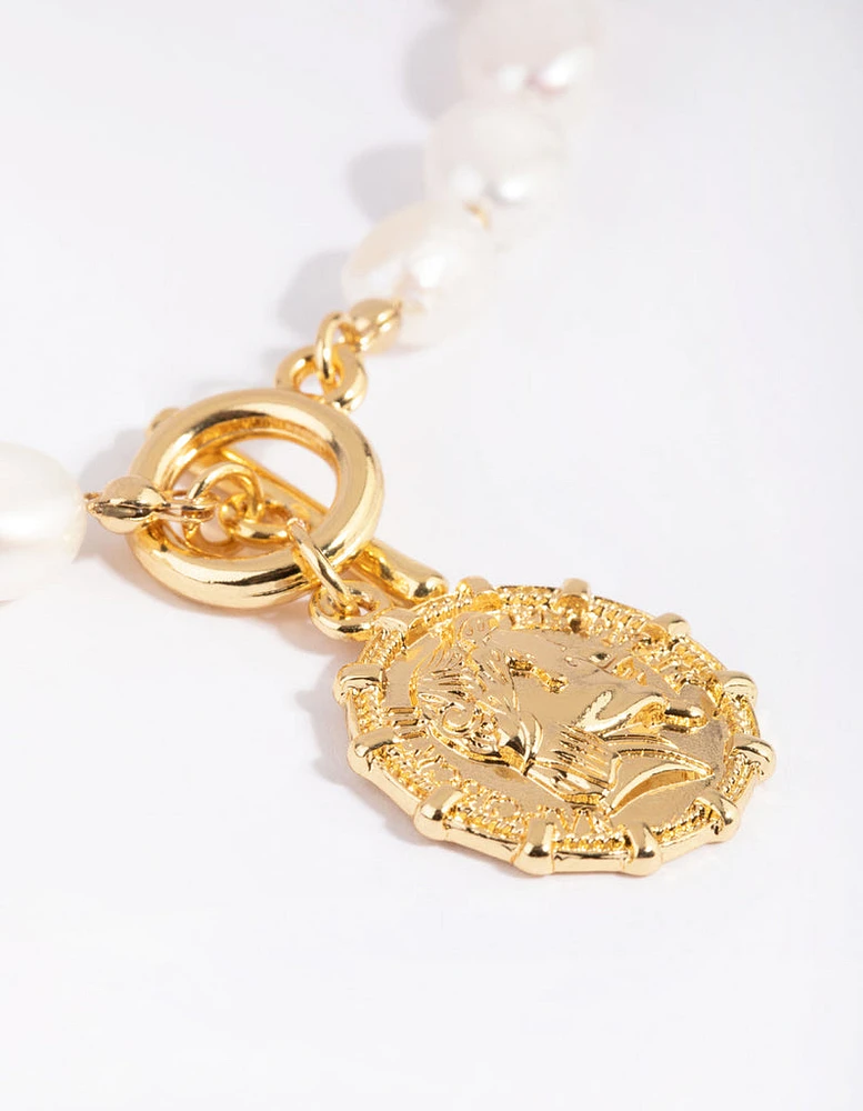 Gold Plated Coin & Fob Necklace with Freshwater Pearl