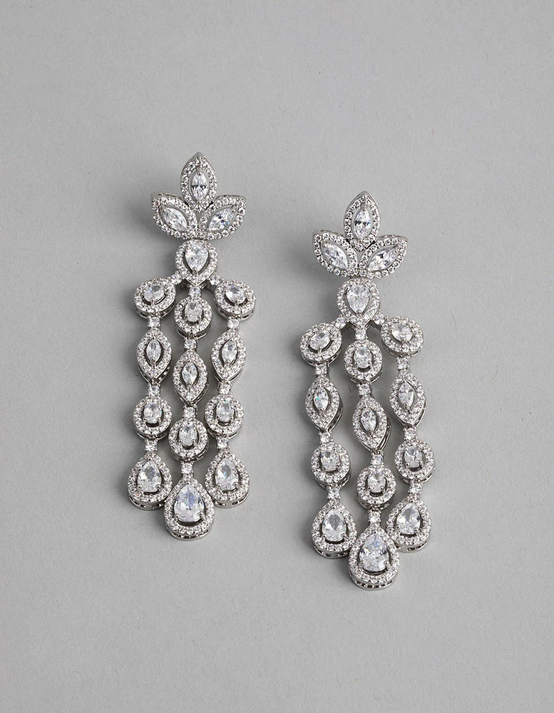 Rhodium Cubic Zirconia Triple Strand Drop Earrings