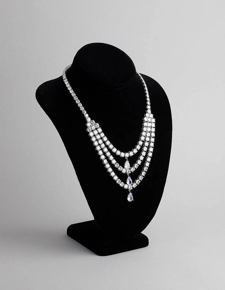 Silver Cubic Zirconia Layered Statement Necklace