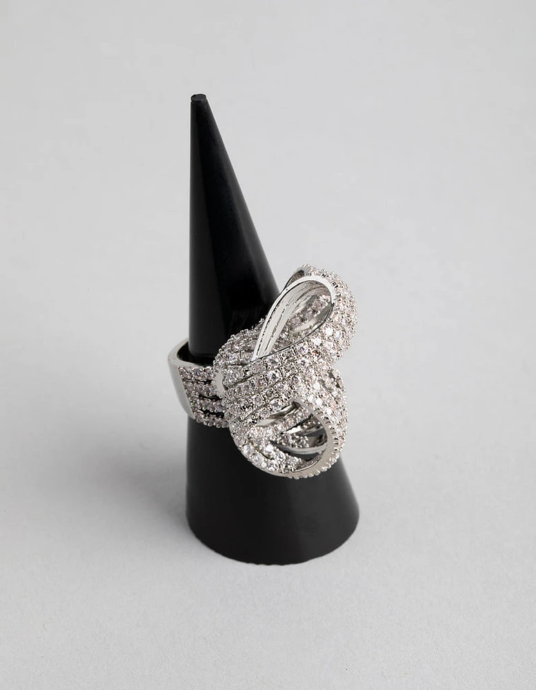 Rhodium Cubic Zirconia Cup Chain Knot Ring