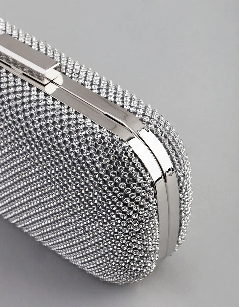 Silver Diamante Rounded Rectangular Clutch