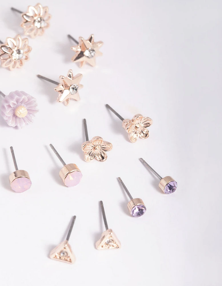 Rose Gold Triangle & Flower Stud Earring 8-Pack