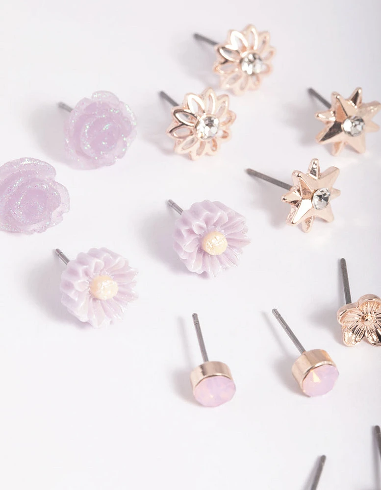 Rose Gold Triangle & Flower Stud Earring 8-Pack