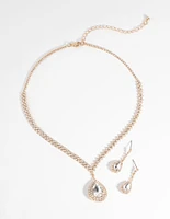 Gold Diamond Simulant Teardrop Necklace & Earrings Set