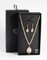 Gold Diamond Simulant Teardrop Necklace & Earrings Set