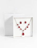 Ruby Diamond Simulant Oval Necklace & Earrings Set