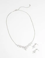 Rhodium Diamond Simulant Navette Necklace & Earrings Set