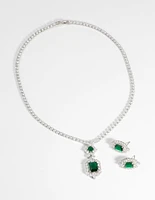 Vintage Emerald Diamond Simulant Necklace & Earrings Set