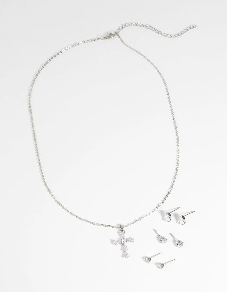 Rhodium Diamond Simulant Cross Necklace & Earrings Set