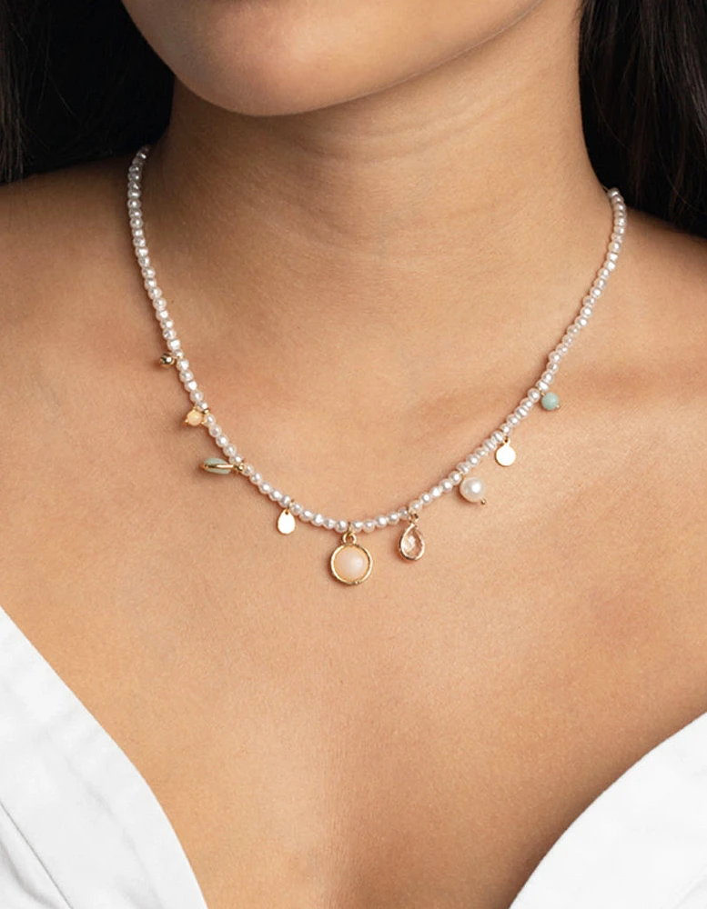 Gold Plated Charm Necklace with Freshwater Pearls