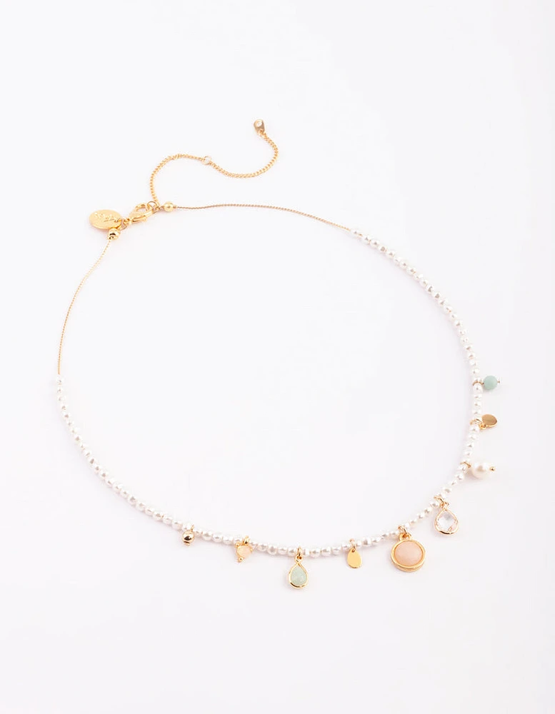 Gold Plated Charm Necklace with Freshwater Pearls