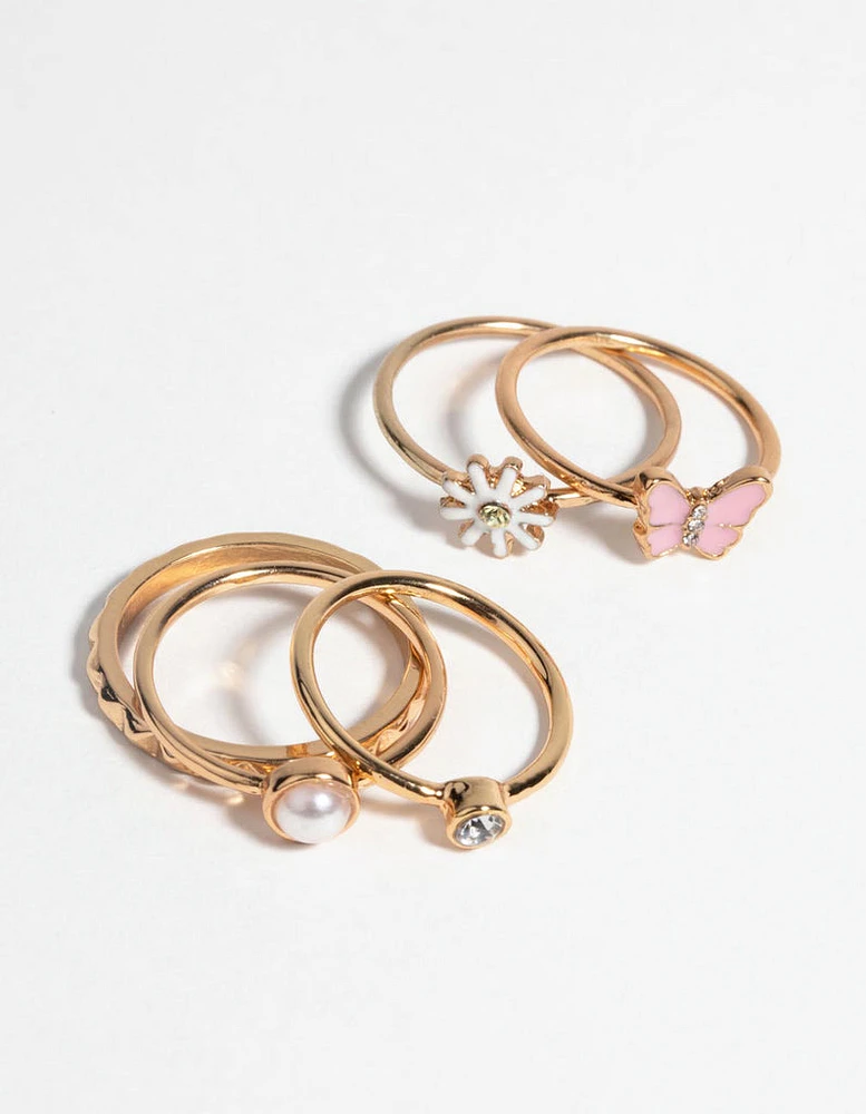 Pink Butterfly & Pearl Ring 5-Pack