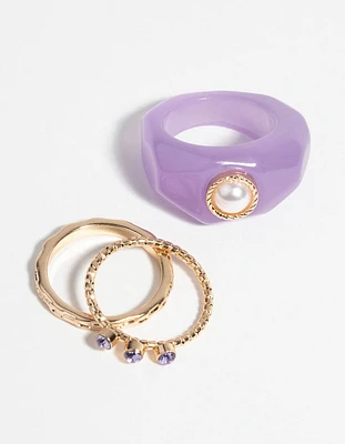 Purple Pearl & Diamante Ring Pack