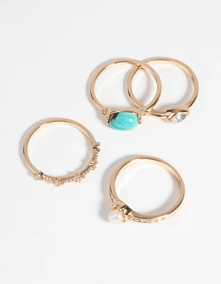 Gold Pearl & Semi-Precious Ring 4-Pack