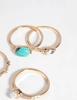 Gold Pearl & Semi-Precious Ring 4-Pack