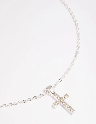 Silver Diamante Cross Necklace