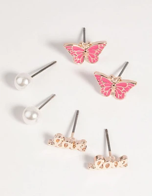 Rose Gold Love & Butterfly Stud Earring Pack