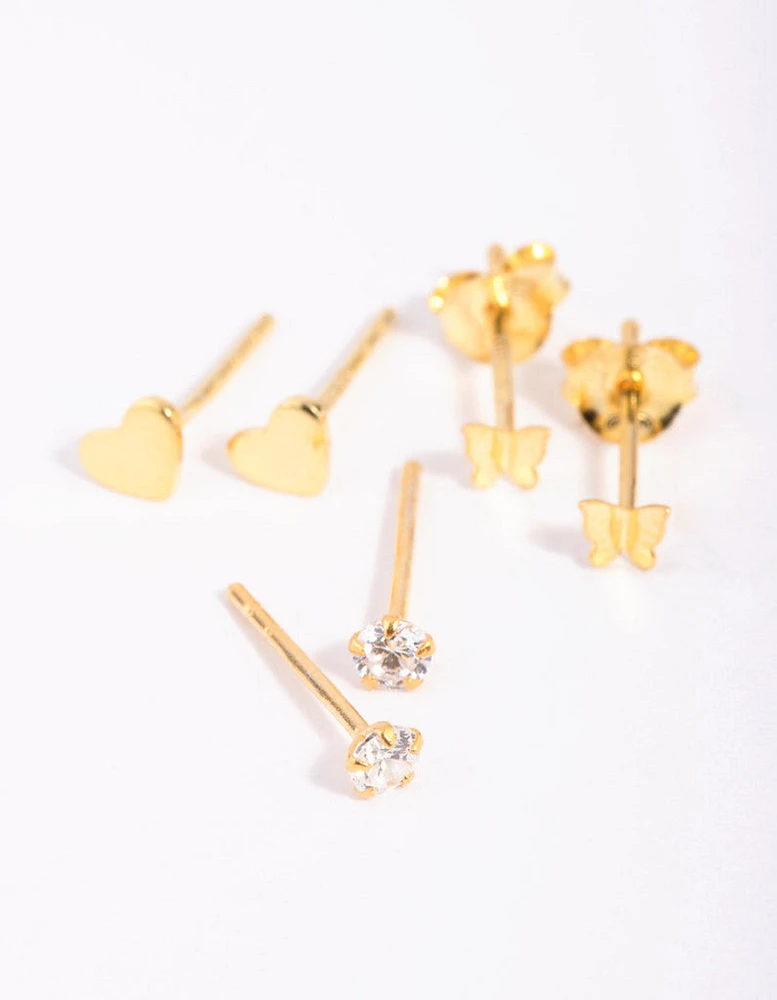 Gold Plated Sterling Silver Heart & Butterfly Stud Earring Pack